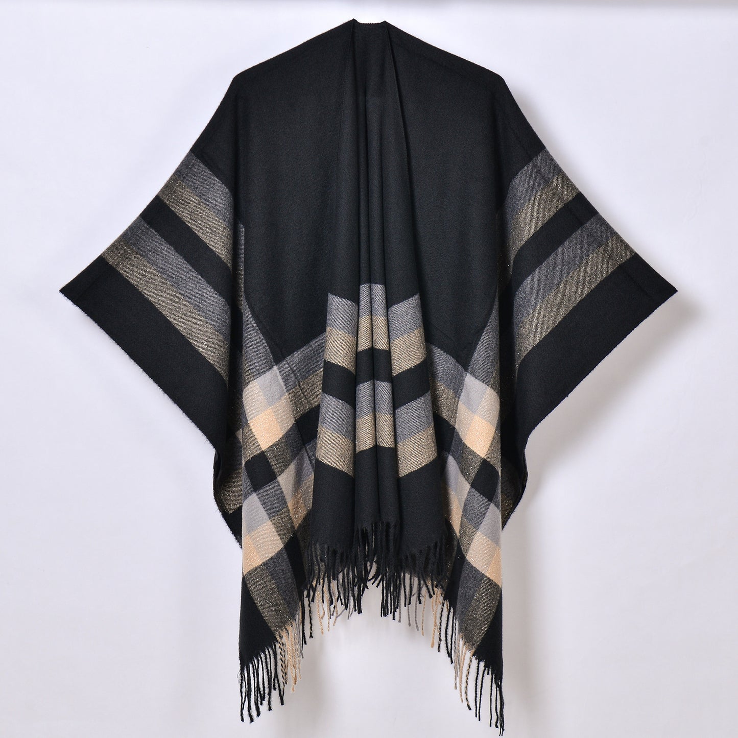 Tassel Split Shawl Simple Plaid Jacquard Scarf