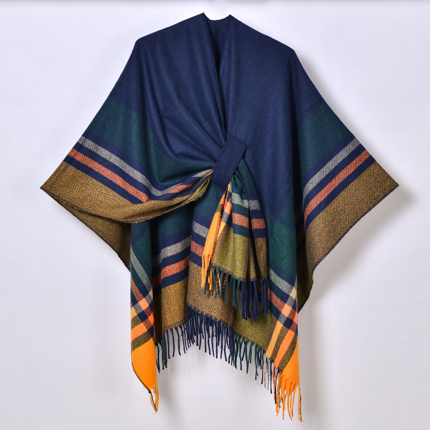 Tassel Split Shawl Simple Plaid Jacquard Scarf