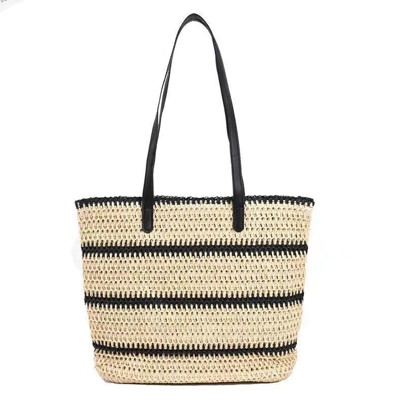 Striped Crochet Craft Straw Bag Large Capacity