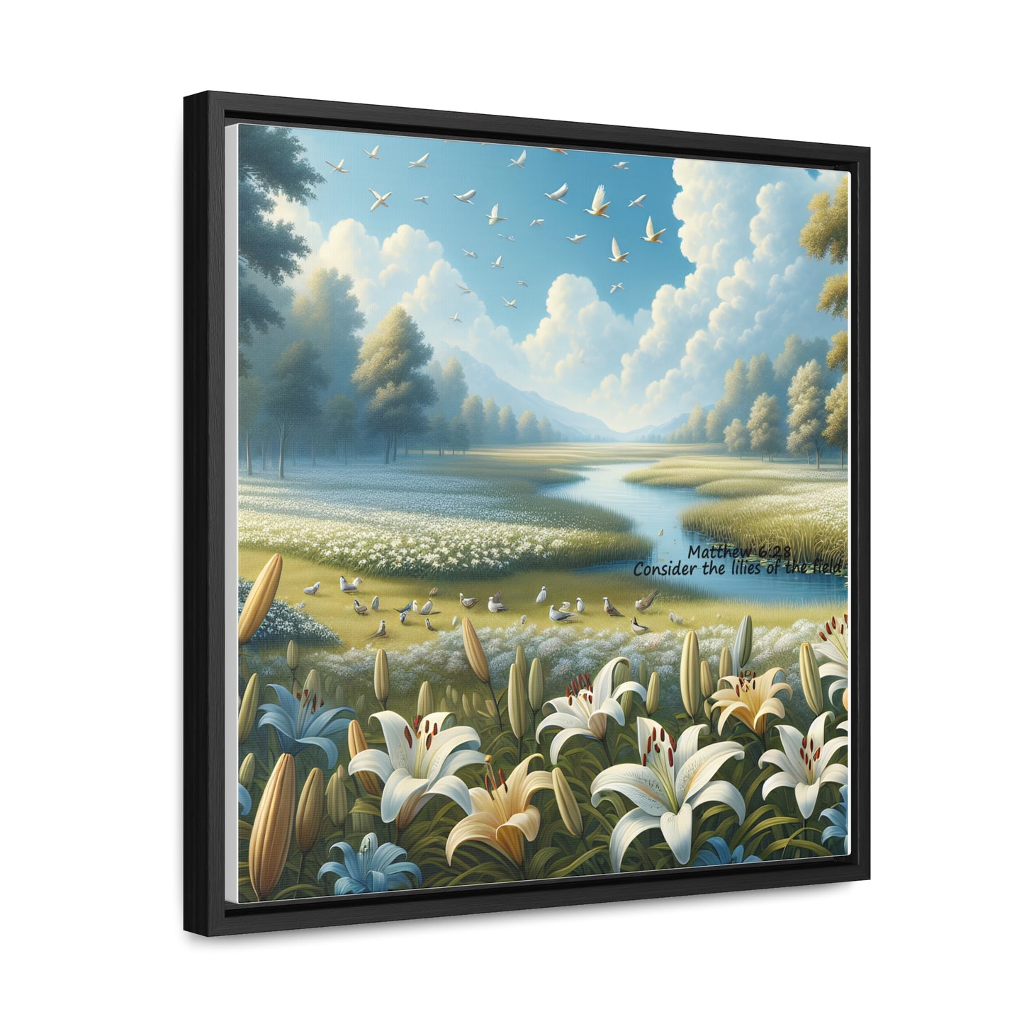 Christian Canvas Art Print, Framed Floral Decor, Nature Landscape Art, Gallery Wall Piece, Field of Lilies, Gift for Nature Lovers