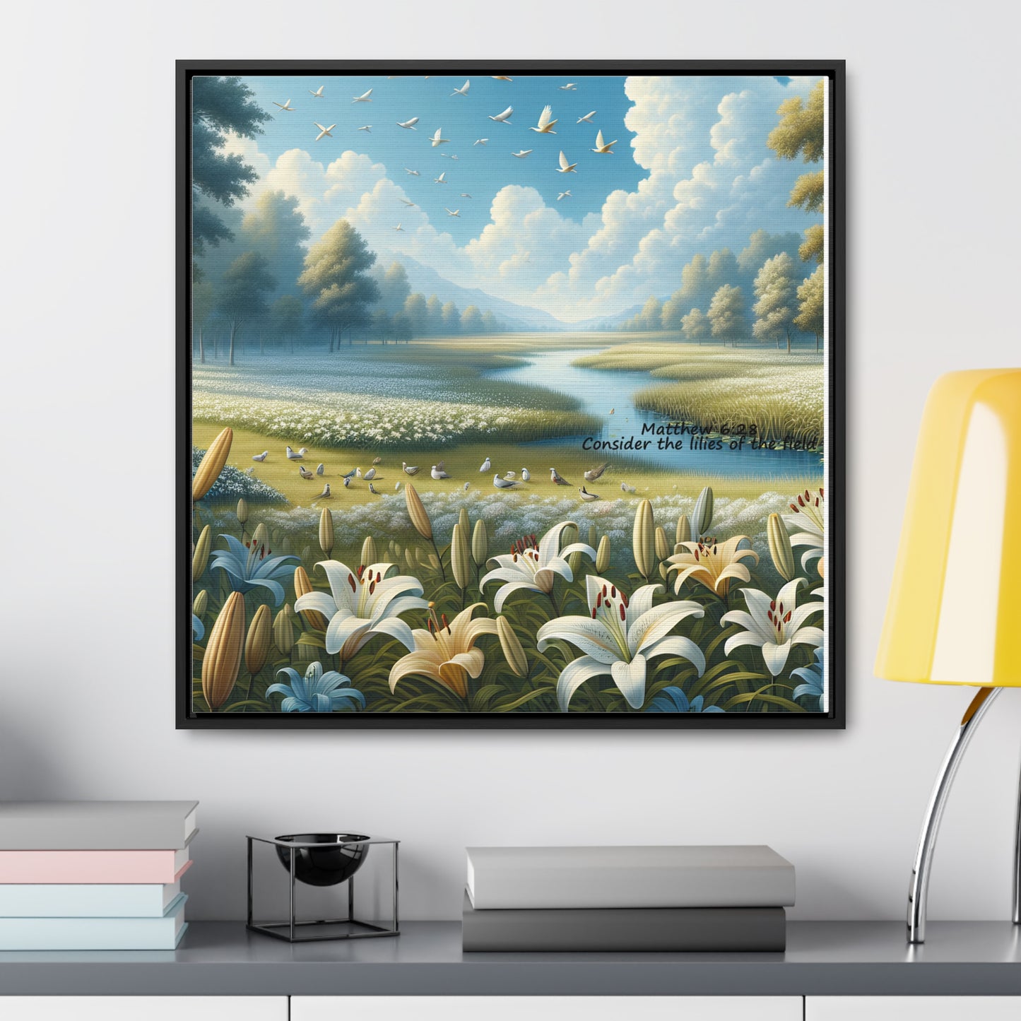 Christian Canvas Art Print, Framed Floral Decor, Nature Landscape Art, Gallery Wall Piece, Field of Lilies, Gift for Nature Lovers