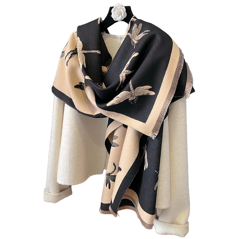 Artificial Cashmere Scarf Dragonfly Printed Soft Breathable High Sense Warm Shawl