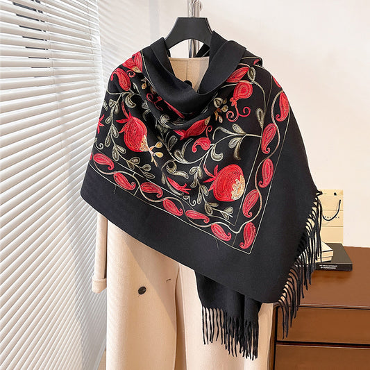 Contrast Color Pomegranate Leaf Embroidered Double-sided Shawl