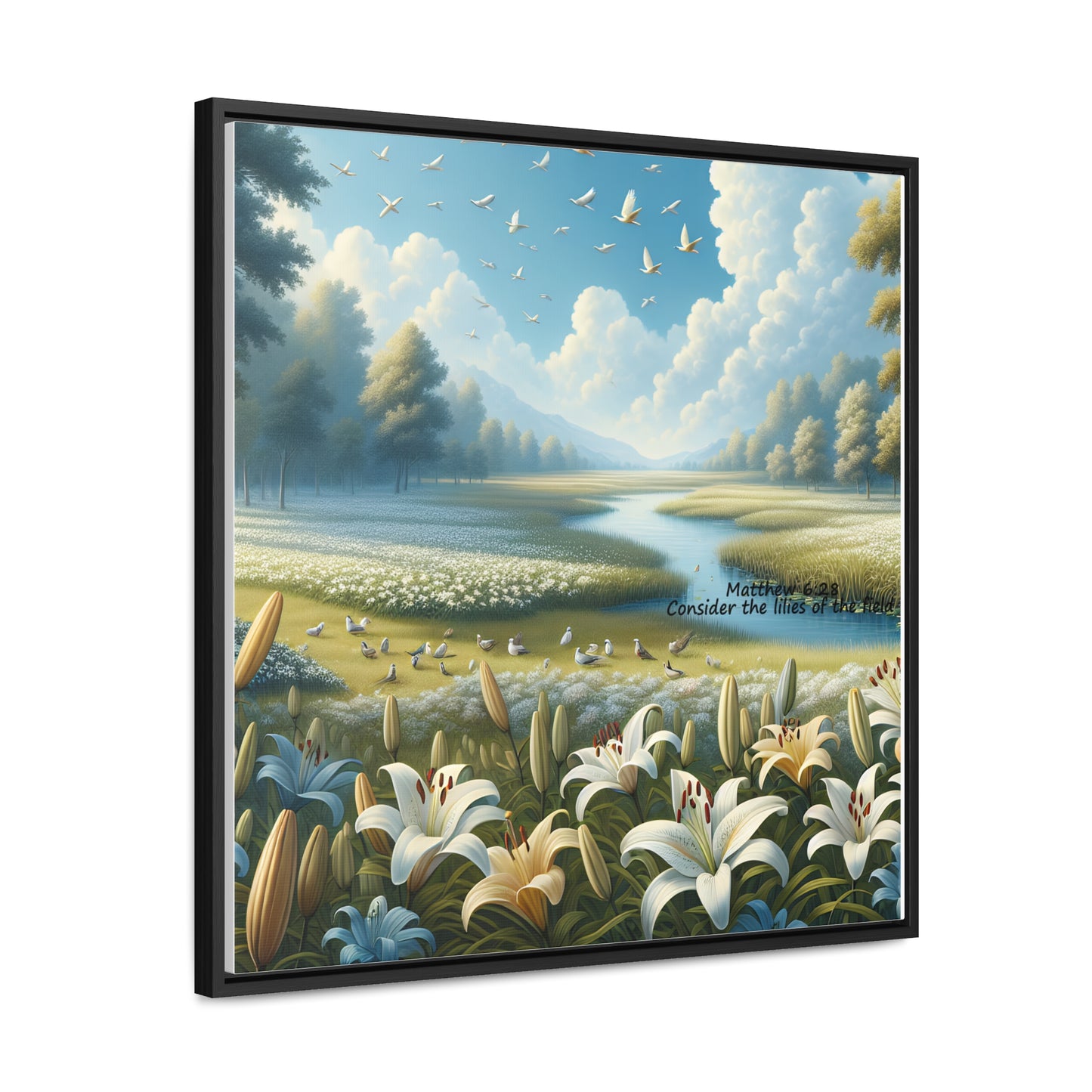 Christian Canvas Art Print, Framed Floral Decor, Nature Landscape Art, Gallery Wall Piece, Field of Lilies, Gift for Nature Lovers