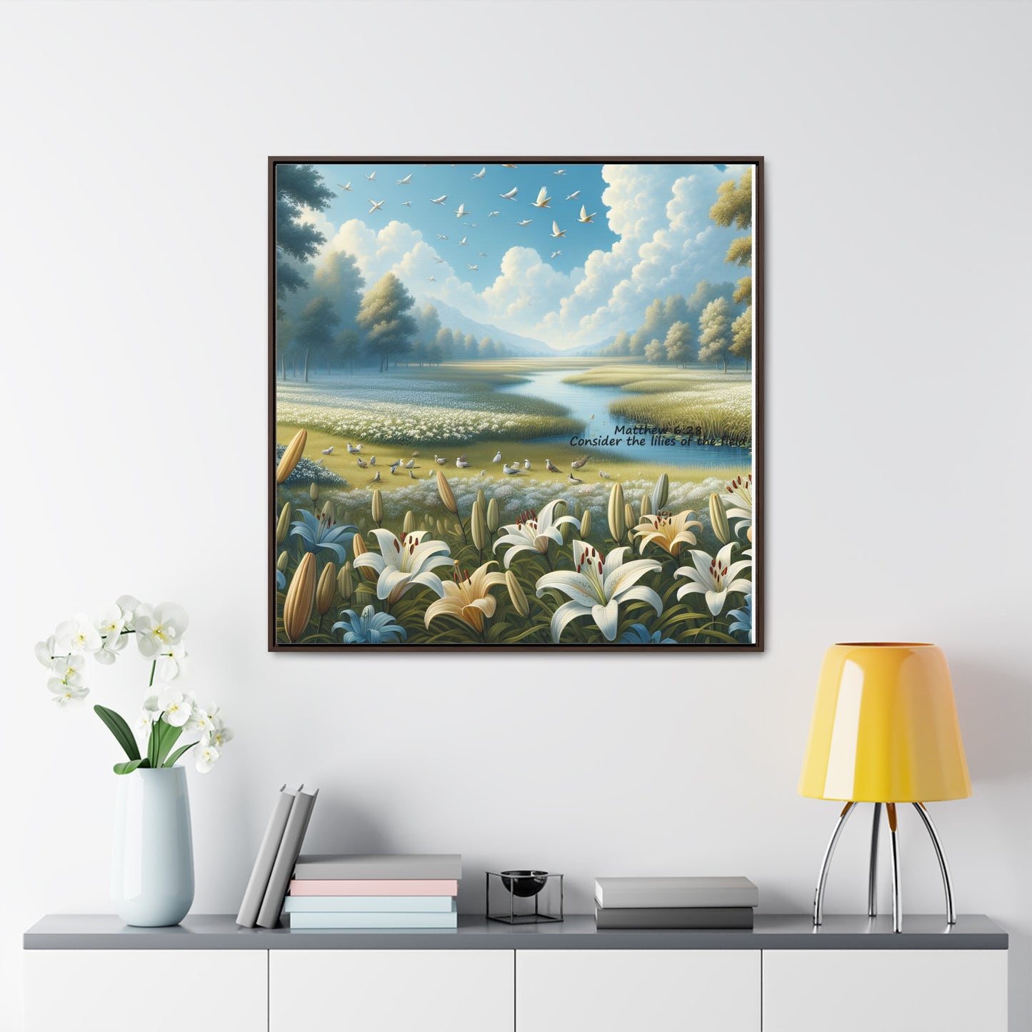 Christian Canvas Art Print, Framed Floral Decor, Nature Landscape Art, Gallery Wall Piece, Field of Lilies, Gift for Nature Lovers