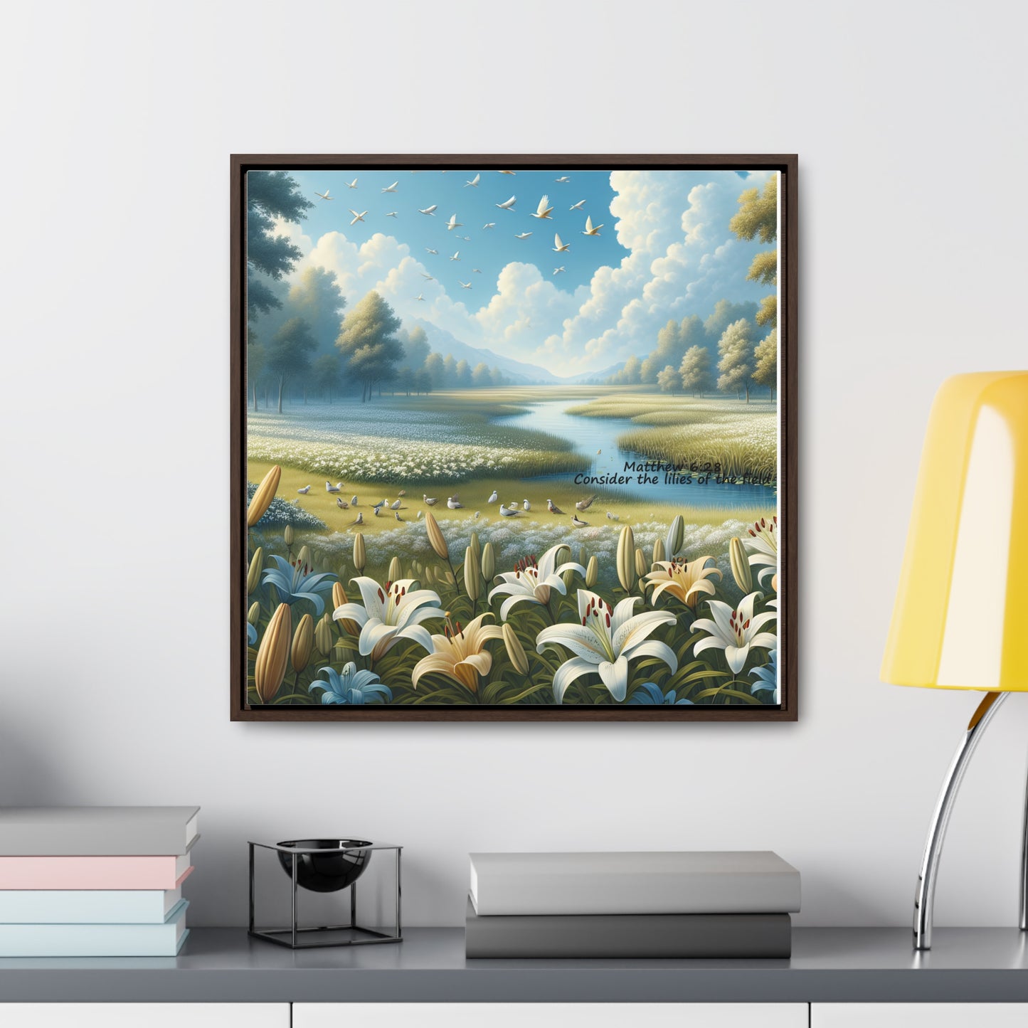 Christian Canvas Art Print, Framed Floral Decor, Nature Landscape Art, Gallery Wall Piece, Field of Lilies, Gift for Nature Lovers