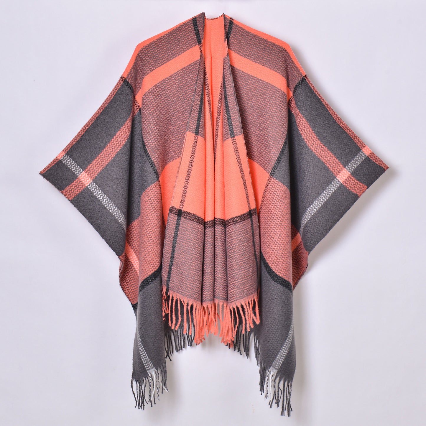 Tassel Split Shawl Simple Plaid Jacquard Scarf