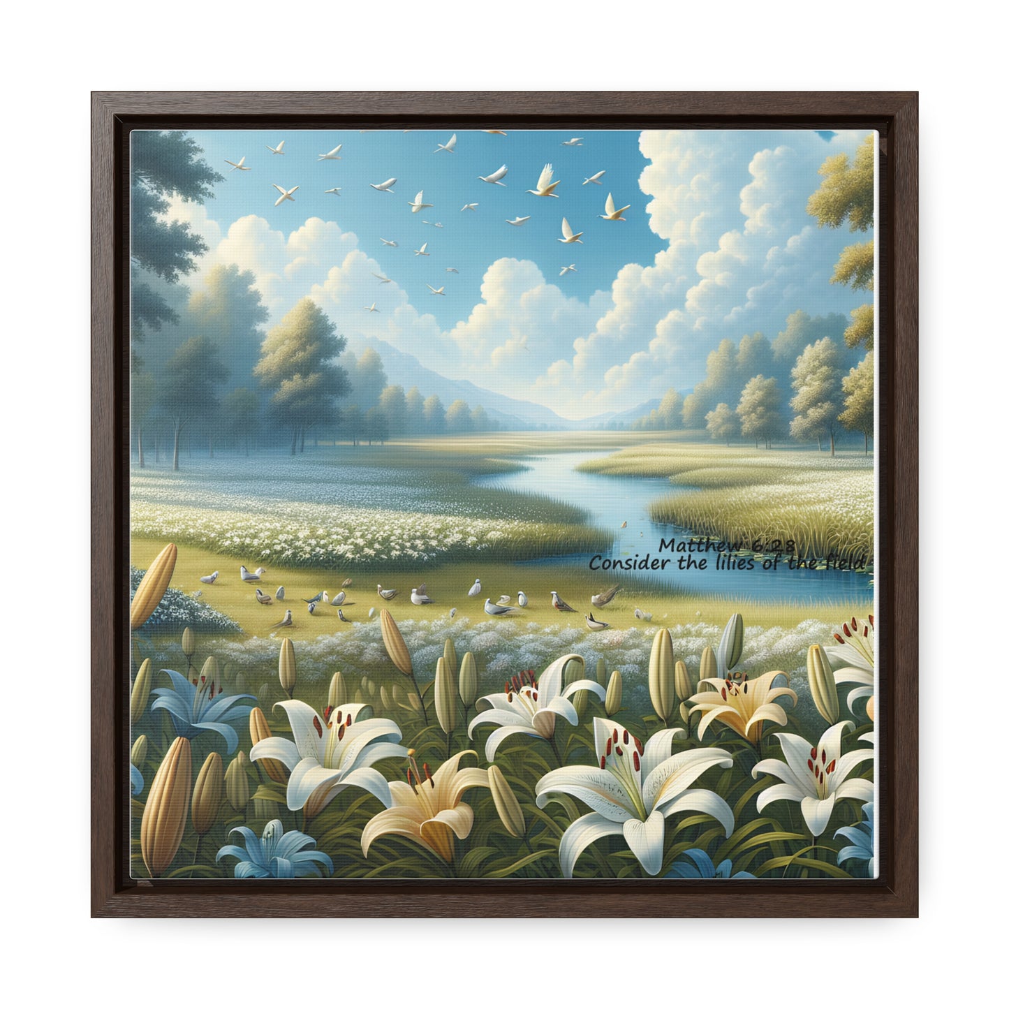 Christian Canvas Art Print, Framed Floral Decor, Nature Landscape Art, Gallery Wall Piece, Field of Lilies, Gift for Nature Lovers