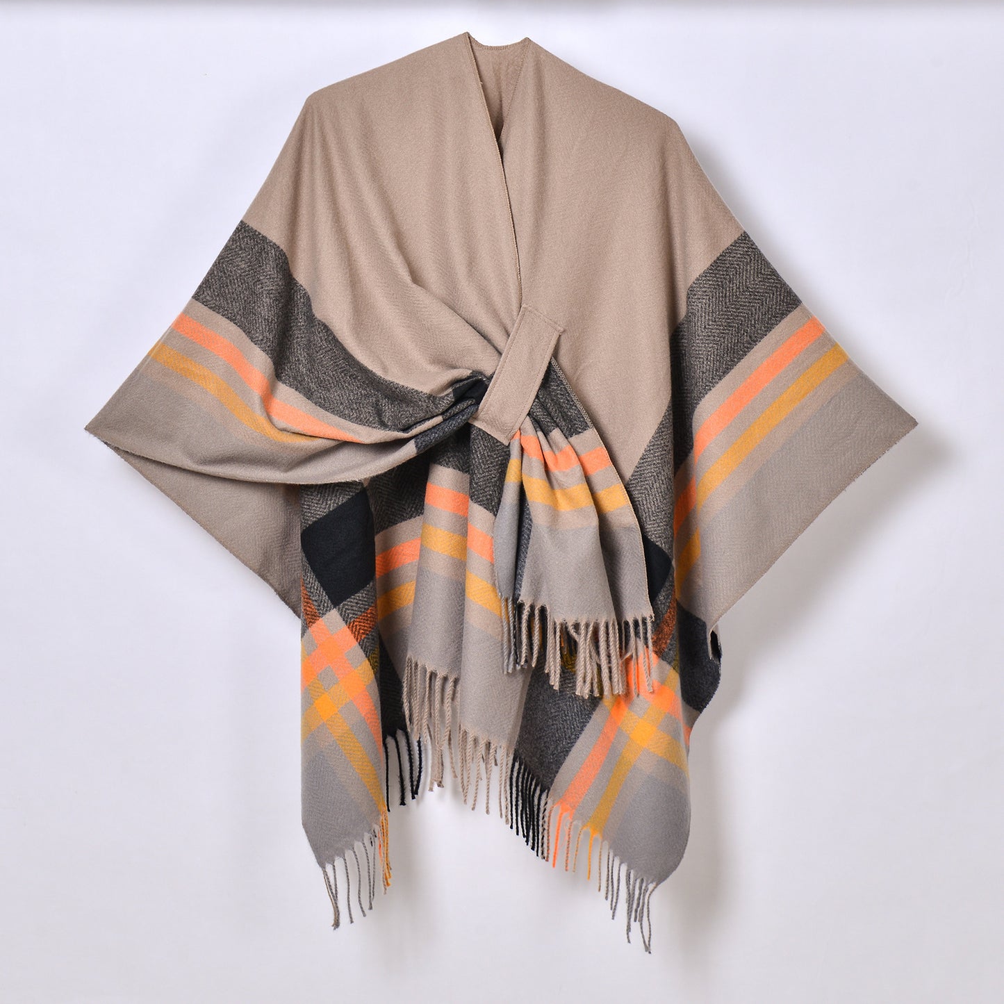 Tassel Split Shawl Simple Plaid Jacquard Scarf