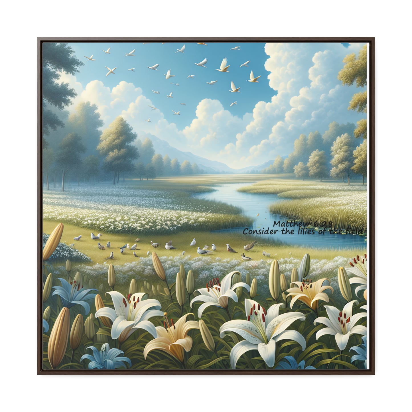 Christian Canvas Art Print, Framed Floral Decor, Nature Landscape Art, Gallery Wall Piece, Field of Lilies, Gift for Nature Lovers