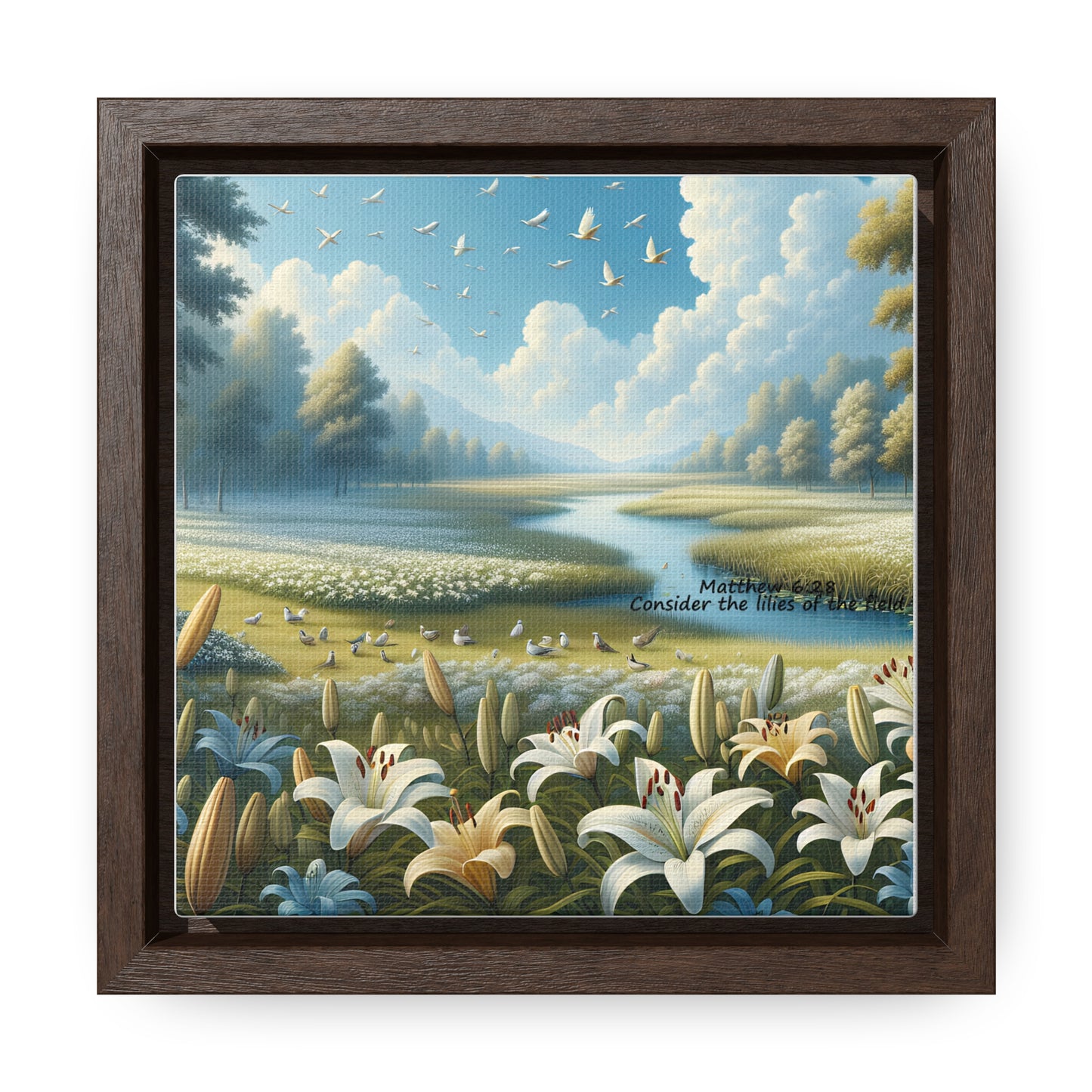 Christian Canvas Art Print, Framed Floral Decor, Nature Landscape Art, Gallery Wall Piece, Field of Lilies, Gift for Nature Lovers