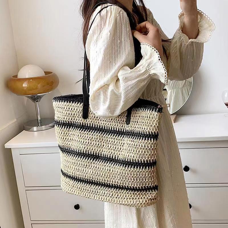 Striped Crochet Craft Straw Bag Large Capacity