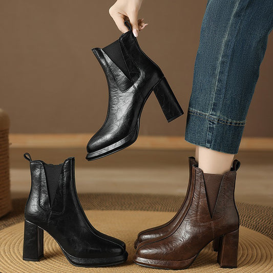 Square Toe Short Tube Waterproof Platform Thick Heel High Heel Boots