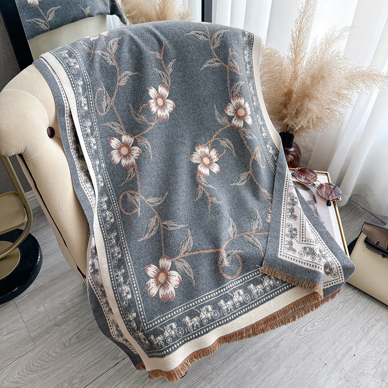 Retro National Style Texture Printed Double-sided Thermal Scarf Shawl Outer Match