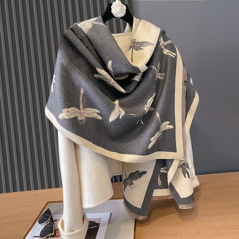 Artificial Cashmere Scarf Dragonfly Printed Soft Breathable High Sense Warm Shawl