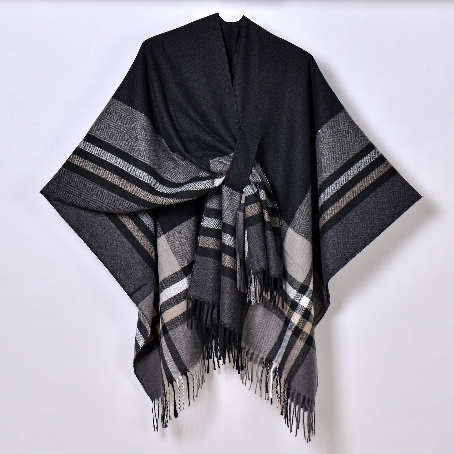 Tassel Split Shawl Simple Plaid Jacquard Scarf