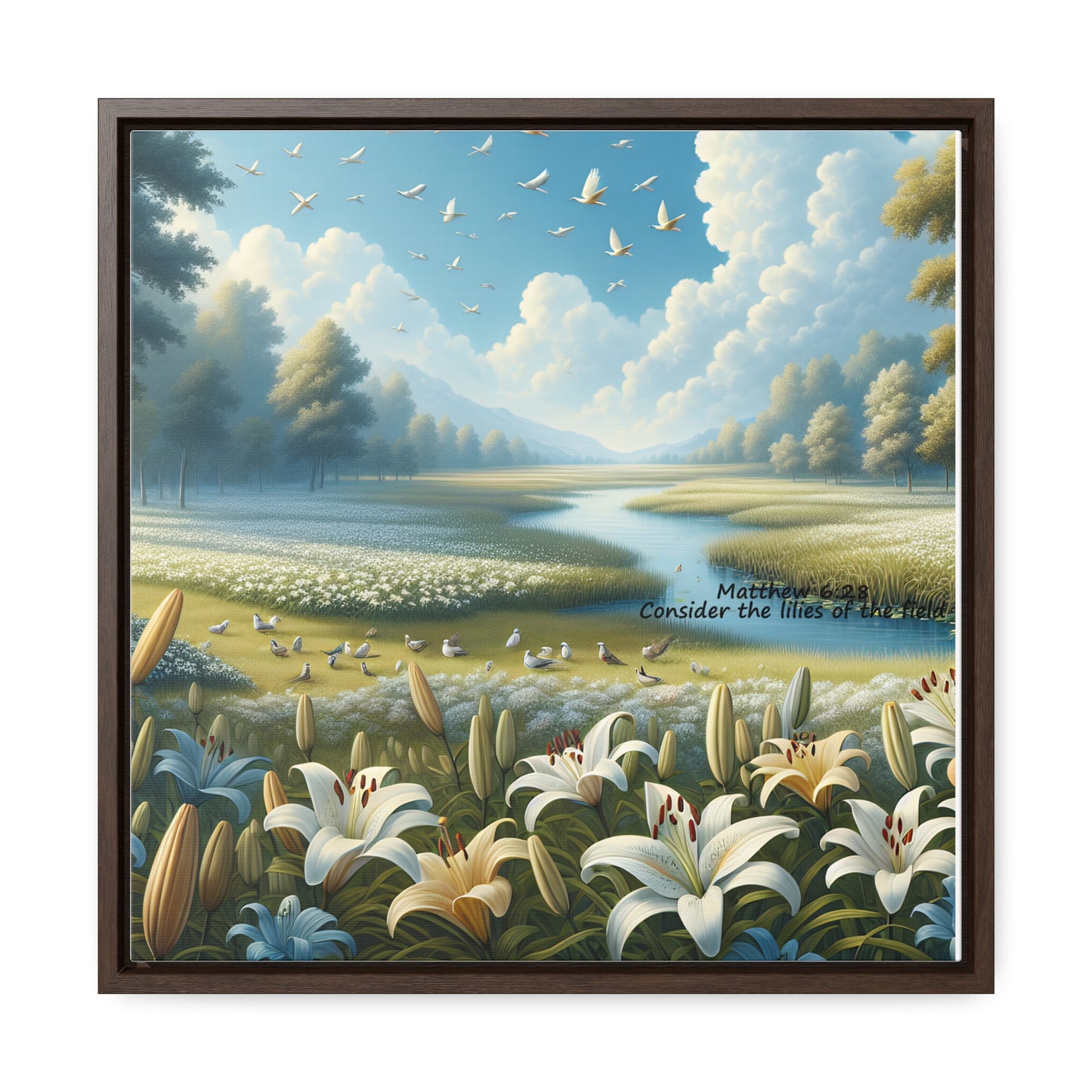 Christian Canvas Art Print, Framed Floral Decor, Nature Landscape Art, Gallery Wall Piece, Field of Lilies, Gift for Nature Lovers