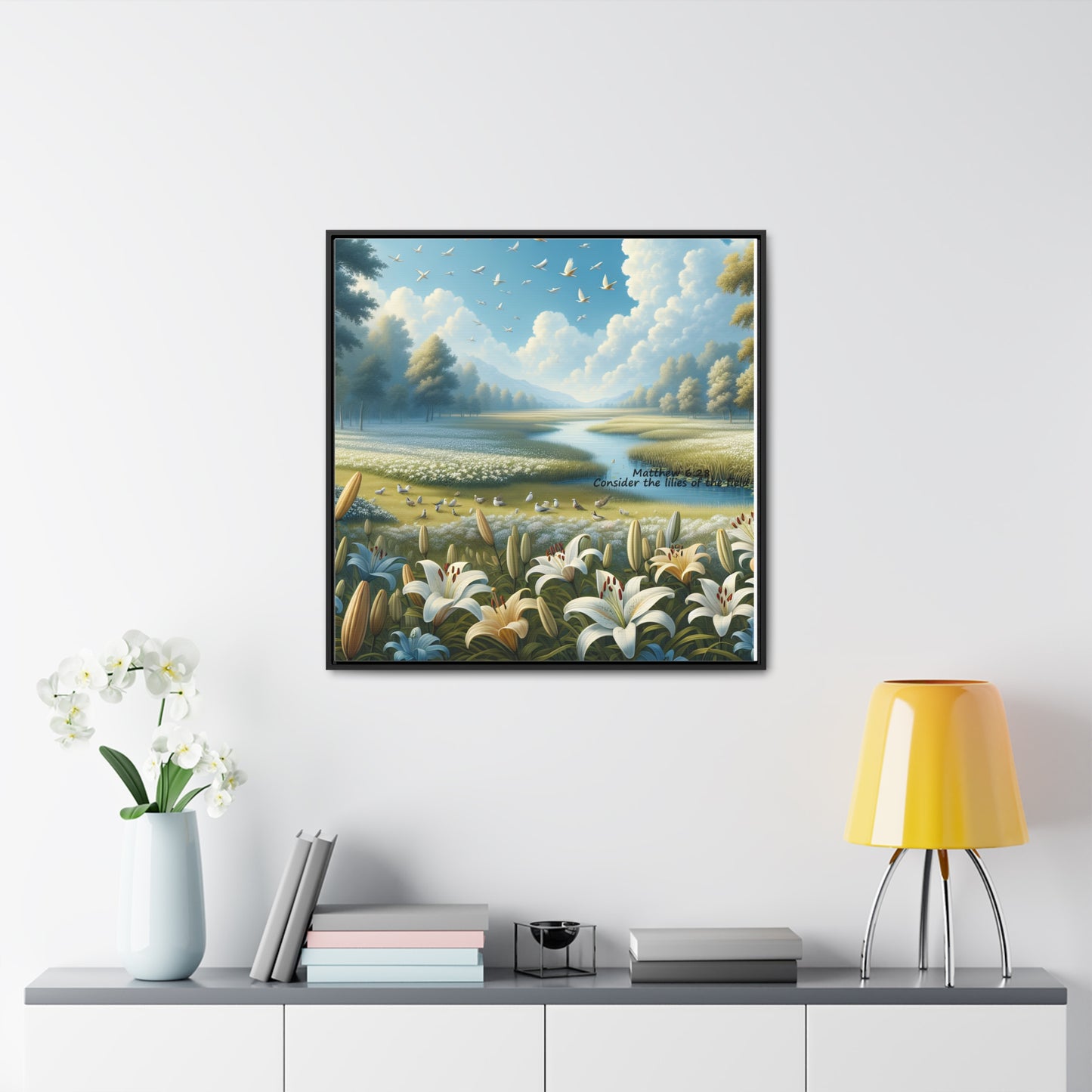 Christian Canvas Art Print, Framed Floral Decor, Nature Landscape Art, Gallery Wall Piece, Field of Lilies, Gift for Nature Lovers