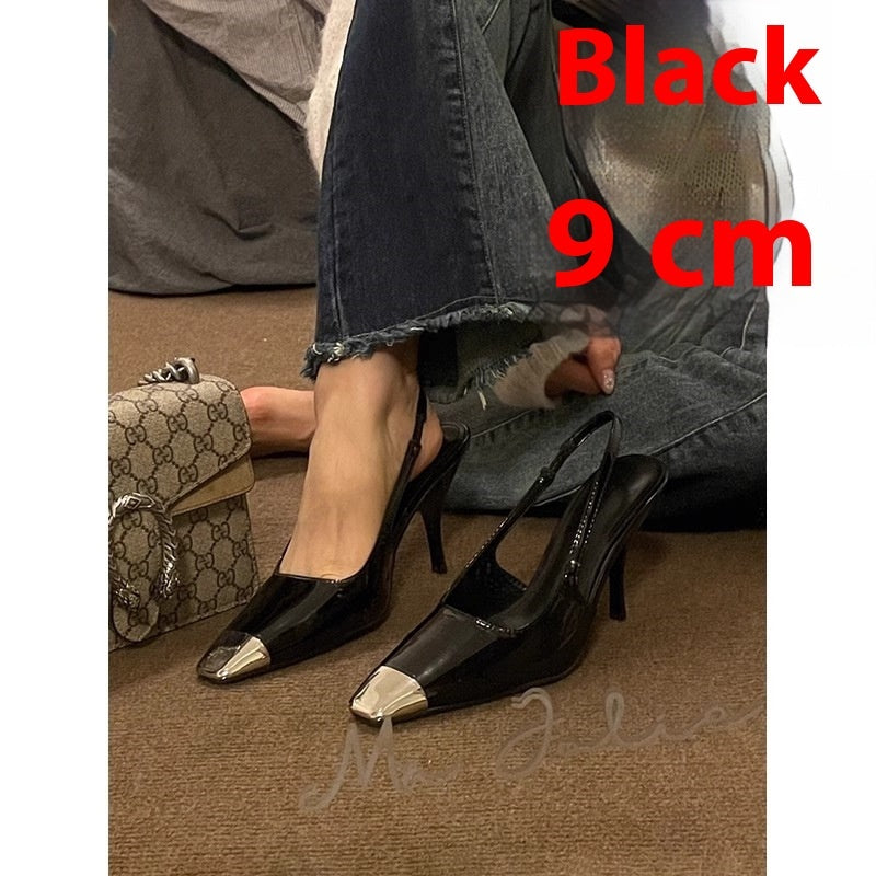 Women's Metal Square Toe Fine Heel With Black Sandals