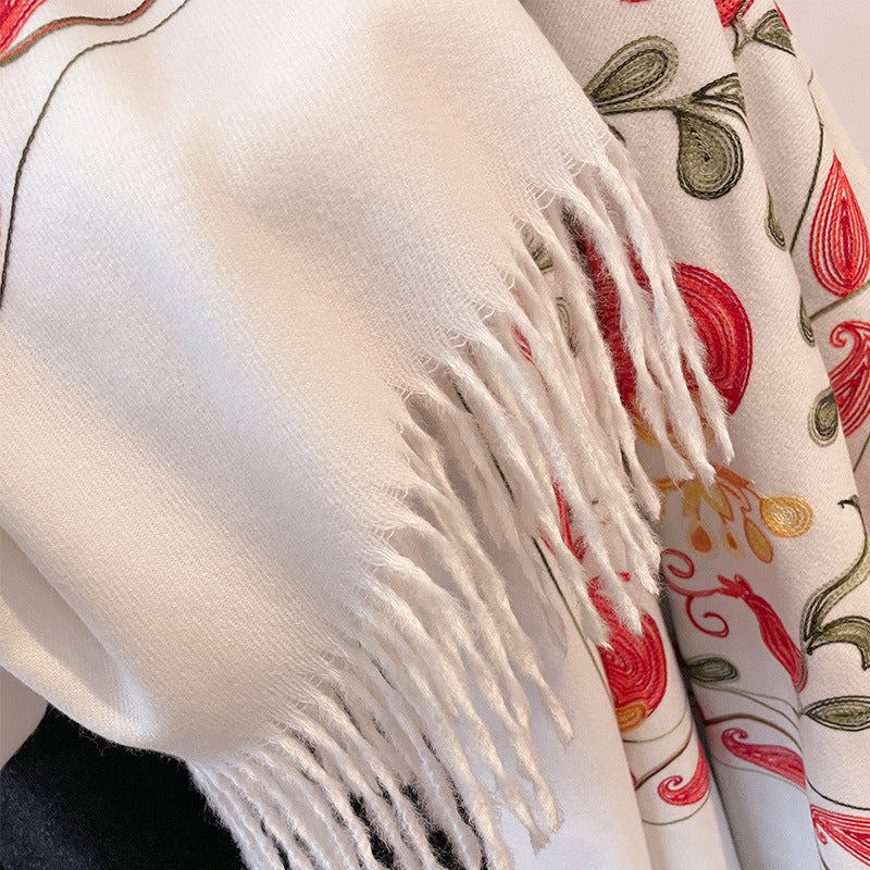 Contrast Color Pomegranate Leaf Embroidered Double-sided Shawl