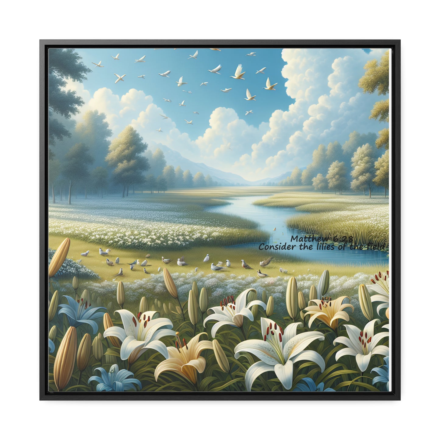 Christian Canvas Art Print, Framed Floral Decor, Nature Landscape Art, Gallery Wall Piece, Field of Lilies, Gift for Nature Lovers