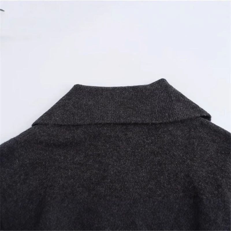 Simple Big Lapel Long Sleeve Pocket Pullover Sweater