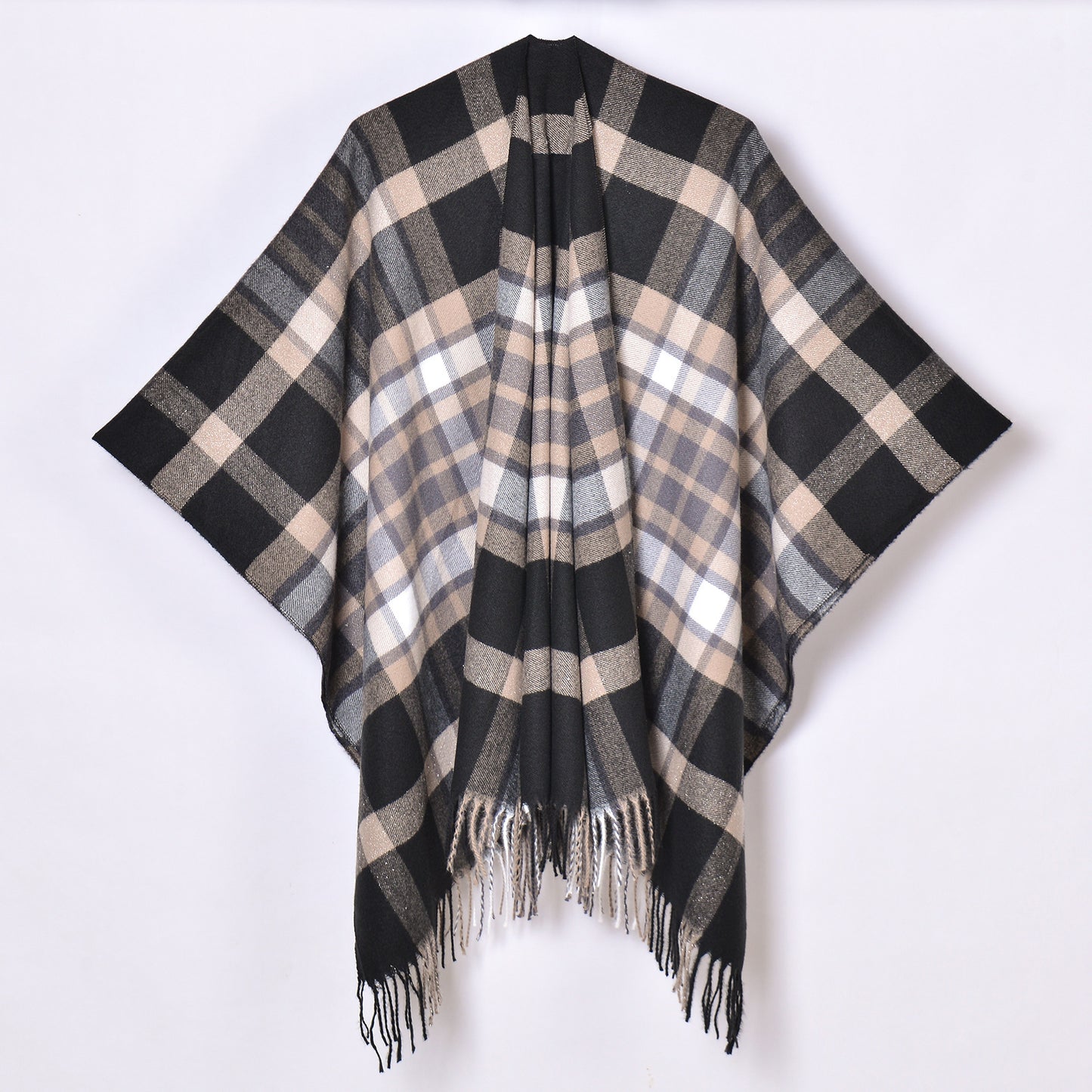 Tassel Split Shawl Simple Plaid Jacquard Scarf