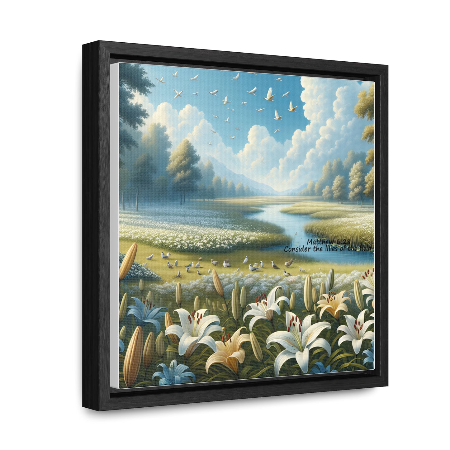 Christian Canvas Art Print, Framed Floral Decor, Nature Landscape Art, Gallery Wall Piece, Field of Lilies, Gift for Nature Lovers