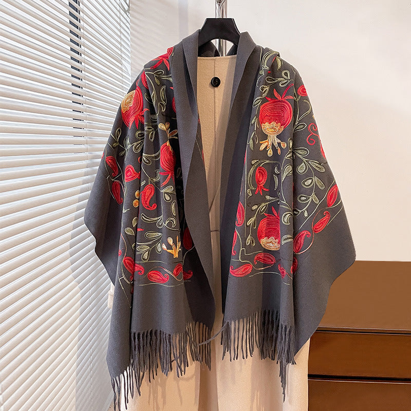 Contrast Color Pomegranate Leaf Embroidered Double-sided Shawl