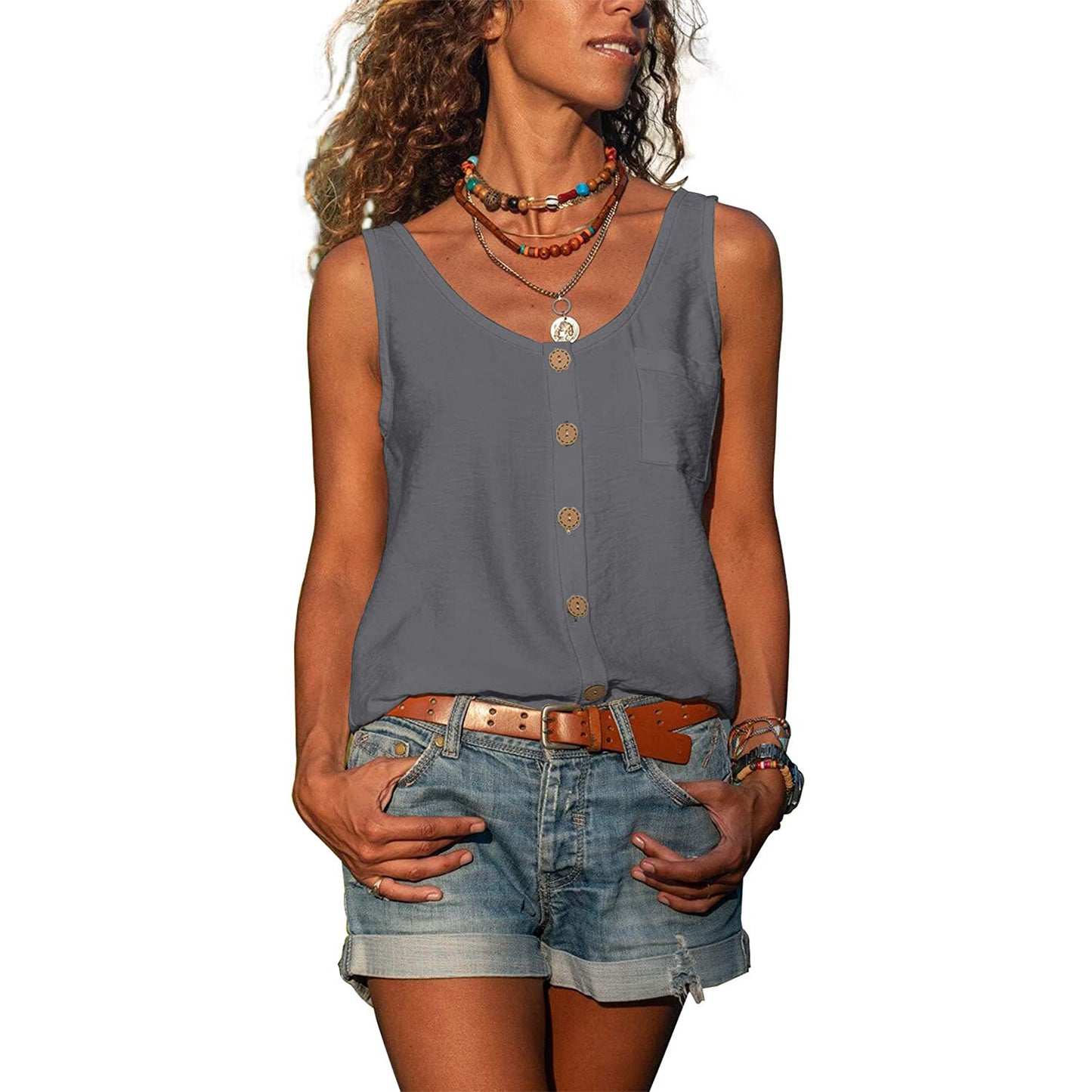 Summer Women's Solid Color And V-neck Button Vest Shirt