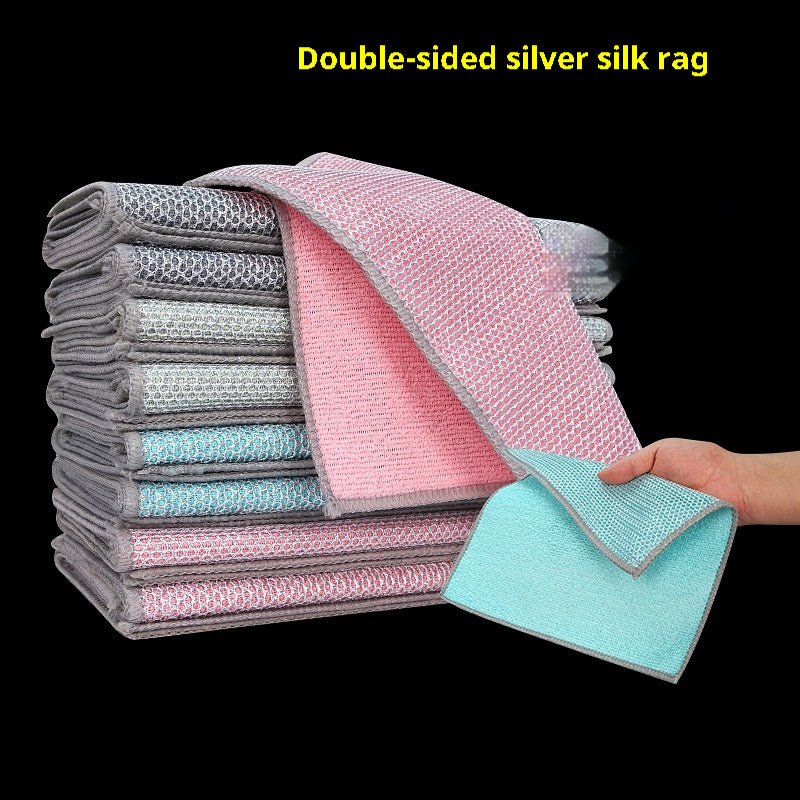 Cross-Border Double-sided Silver Silk Cloth Manufacturer Dish Towel Absorbent Dishwashing Cloth Household Cleaning Oil Removing Steel Cloth