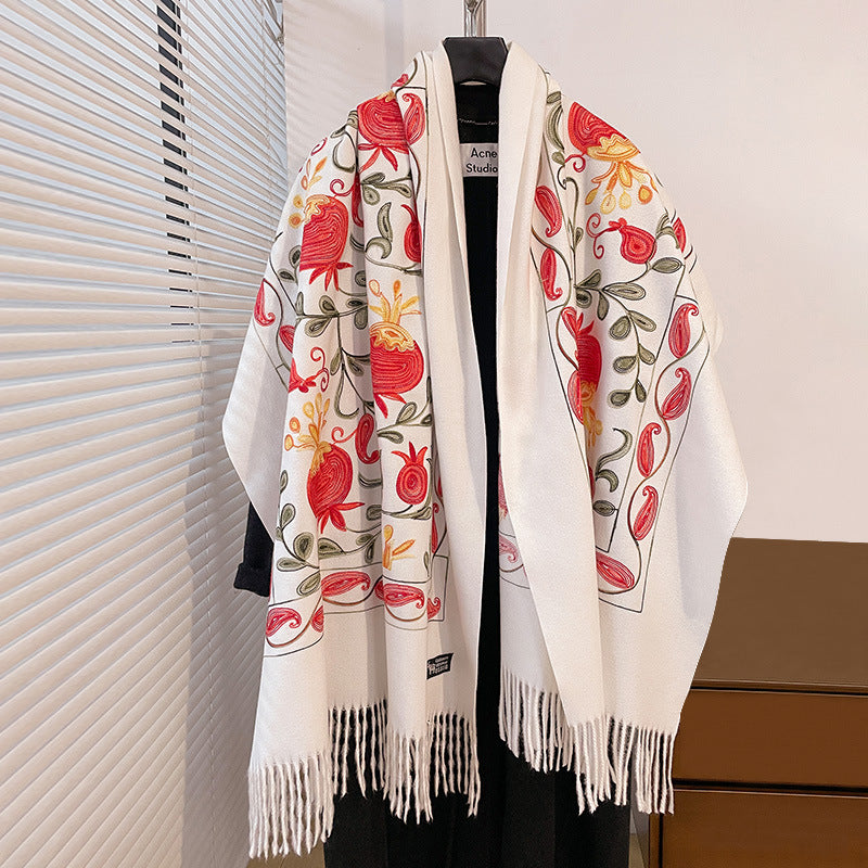 Contrast Color Pomegranate Leaf Embroidered Double-sided Shawl