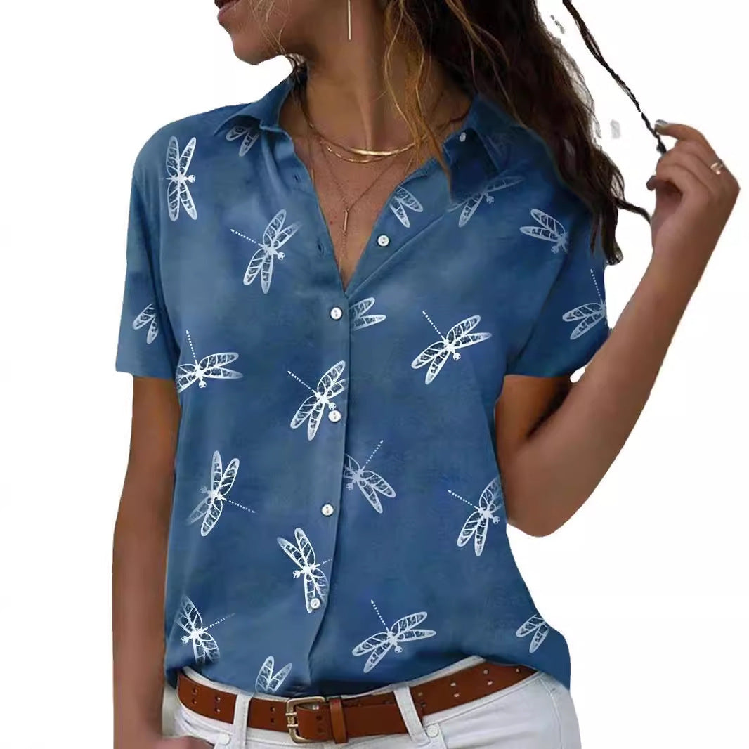 Women's Summer Cross-border Dragonfly Flower Print Short Sleeve Shirt