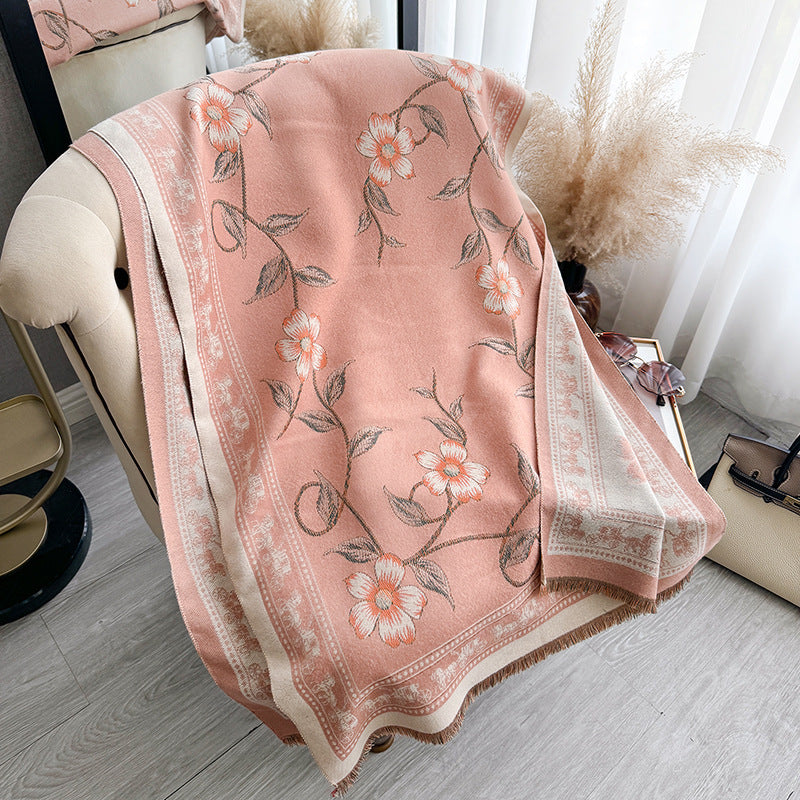 Retro National Style Texture Printed Double-sided Thermal Scarf Shawl Outer Match