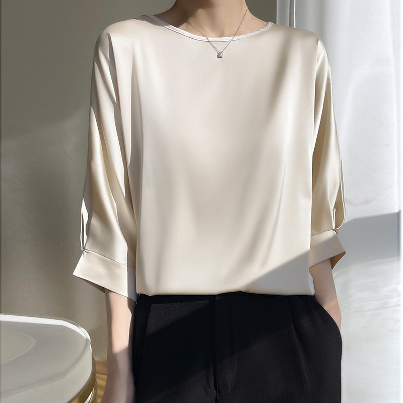 Women's Round Neck Mulberry Silk Loose Satin Cropped Ice Silk Short Sleeve T-shirt Top