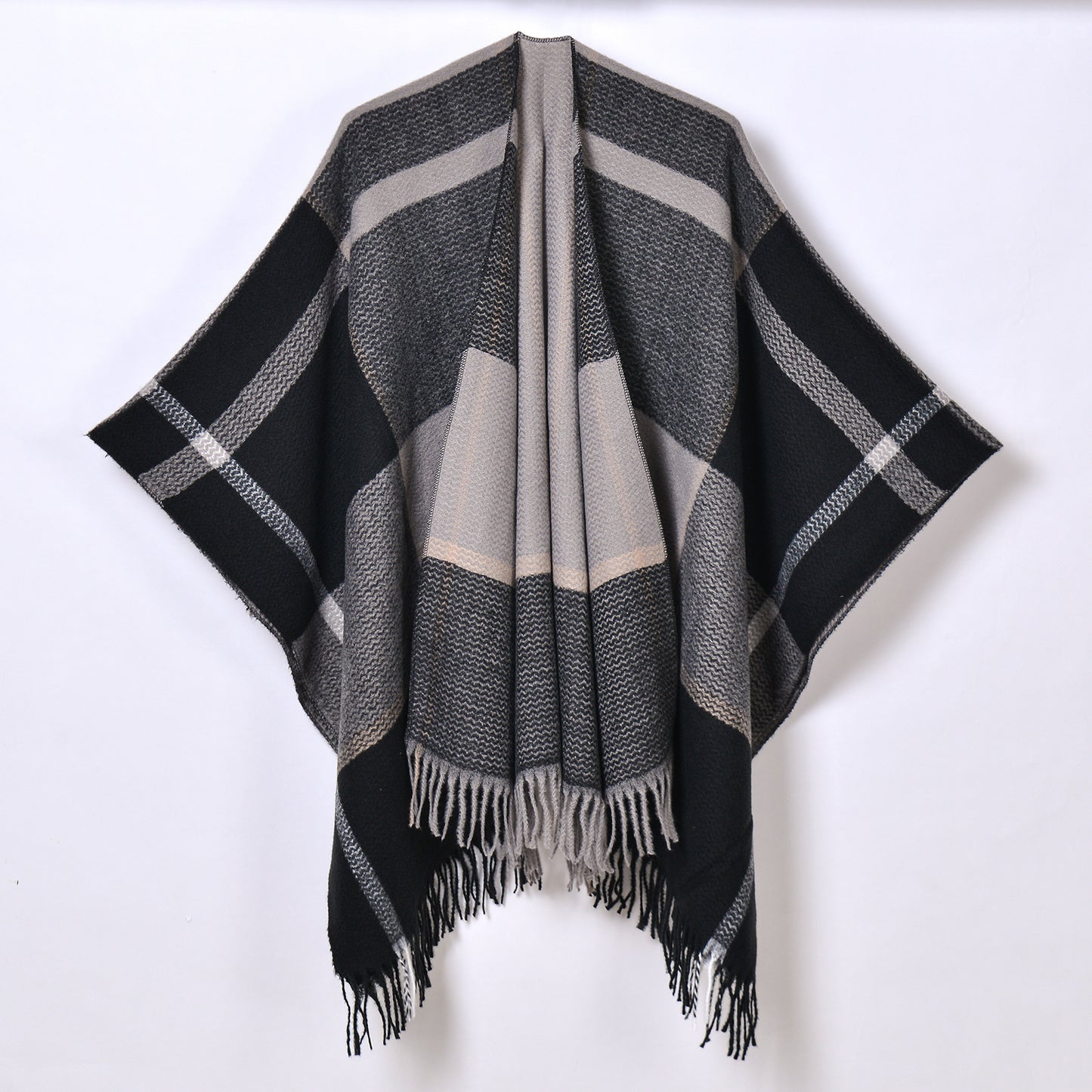 Tassel Split Shawl Simple Plaid Jacquard Scarf