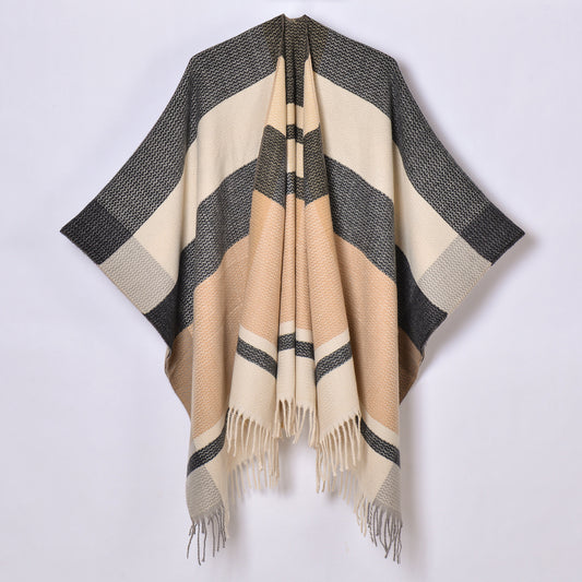 Tassel Split Shawl Simple Plaid Jacquard Scarf