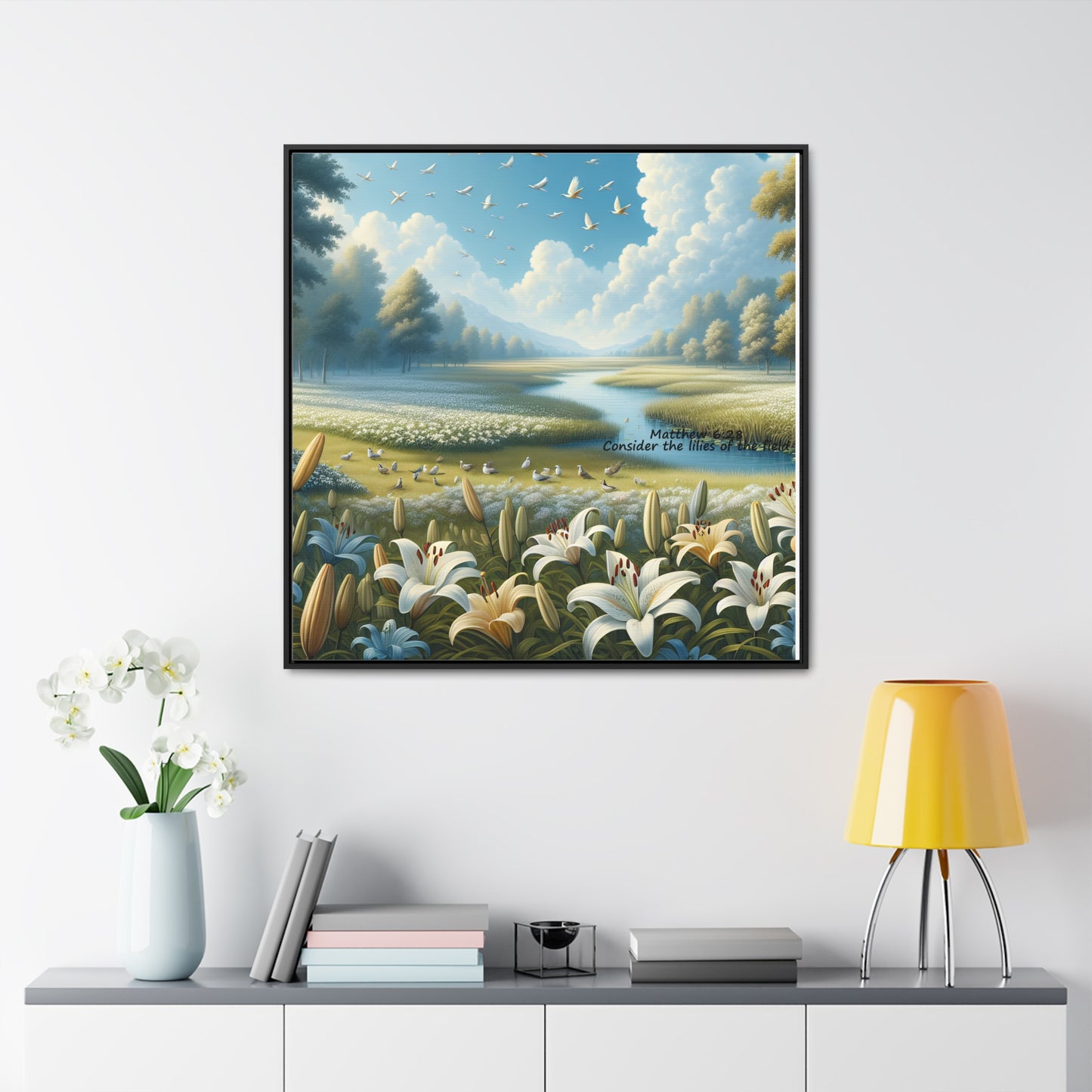 Christian Canvas Art Print, Framed Floral Decor, Nature Landscape Art, Gallery Wall Piece, Field of Lilies, Gift for Nature Lovers