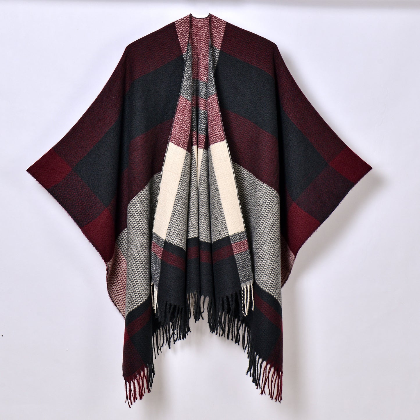 Tassel Split Shawl Simple Plaid Jacquard Scarf