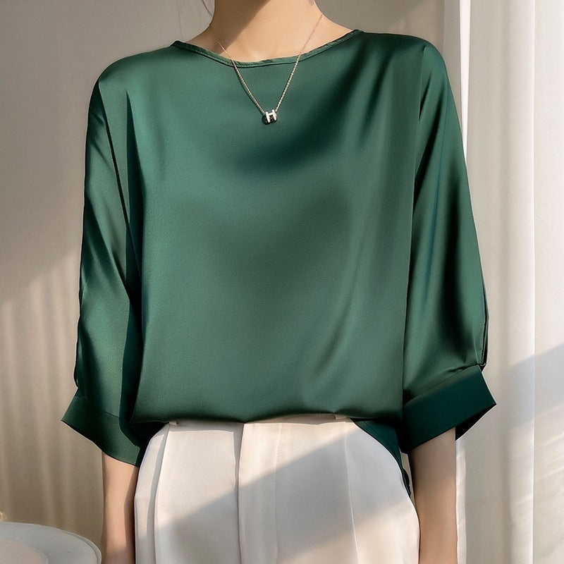 Women's Round Neck Mulberry Silk Loose Satin Cropped Ice Silk Short Sleeve T-shirt Top