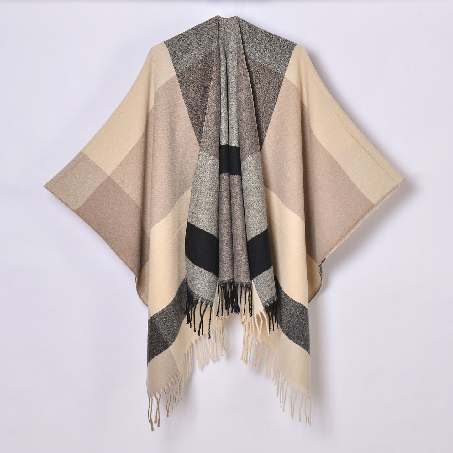 Tassel Split Shawl Simple Plaid Jacquard Scarf