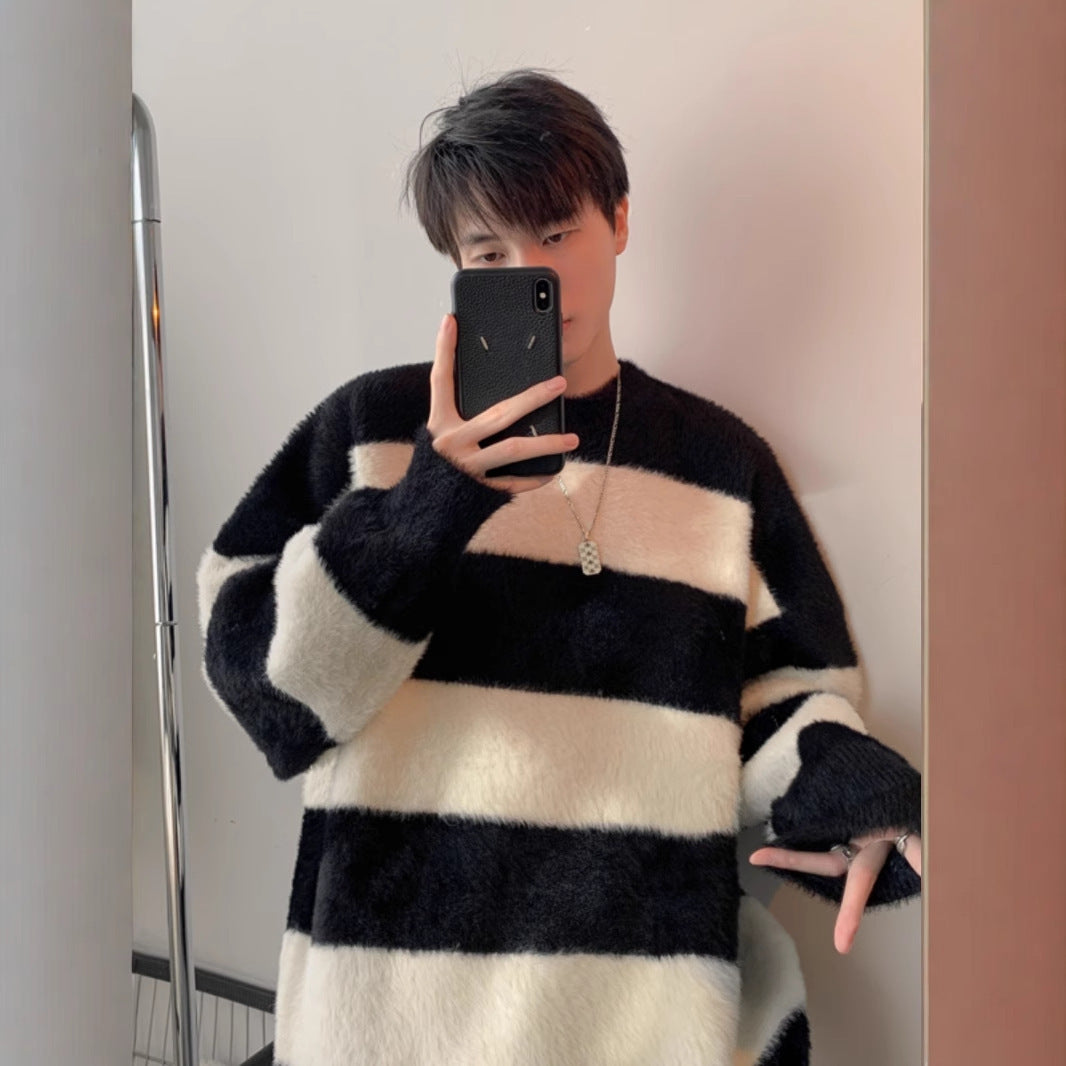 Black And White Striped Sea Sweater Men's Pu Handsome Idle Style Thick