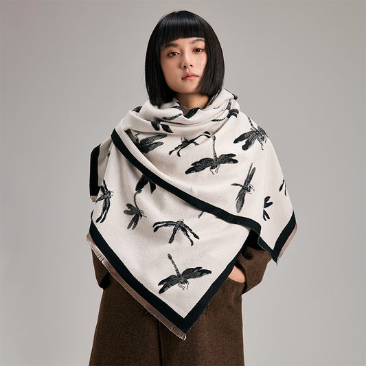 Artificial Cashmere Scarf Dragonfly Printed Soft Breathable High Sense Warm Shawl