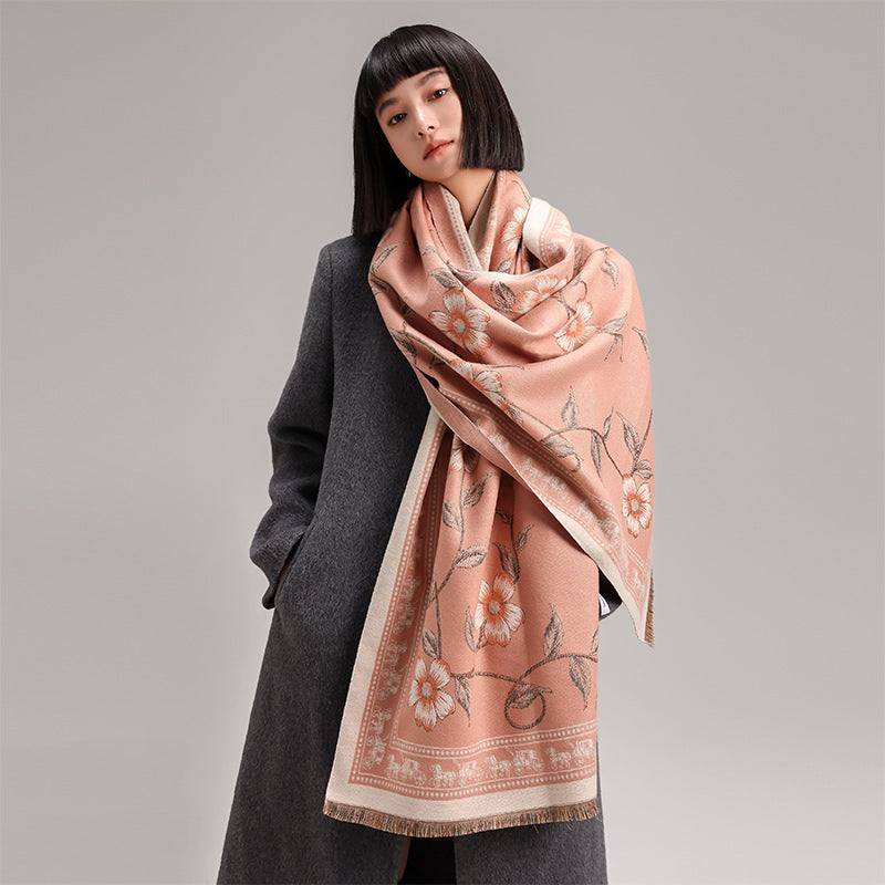 Retro National Style Texture Printed Double-sided Thermal Scarf Shawl Outer Match