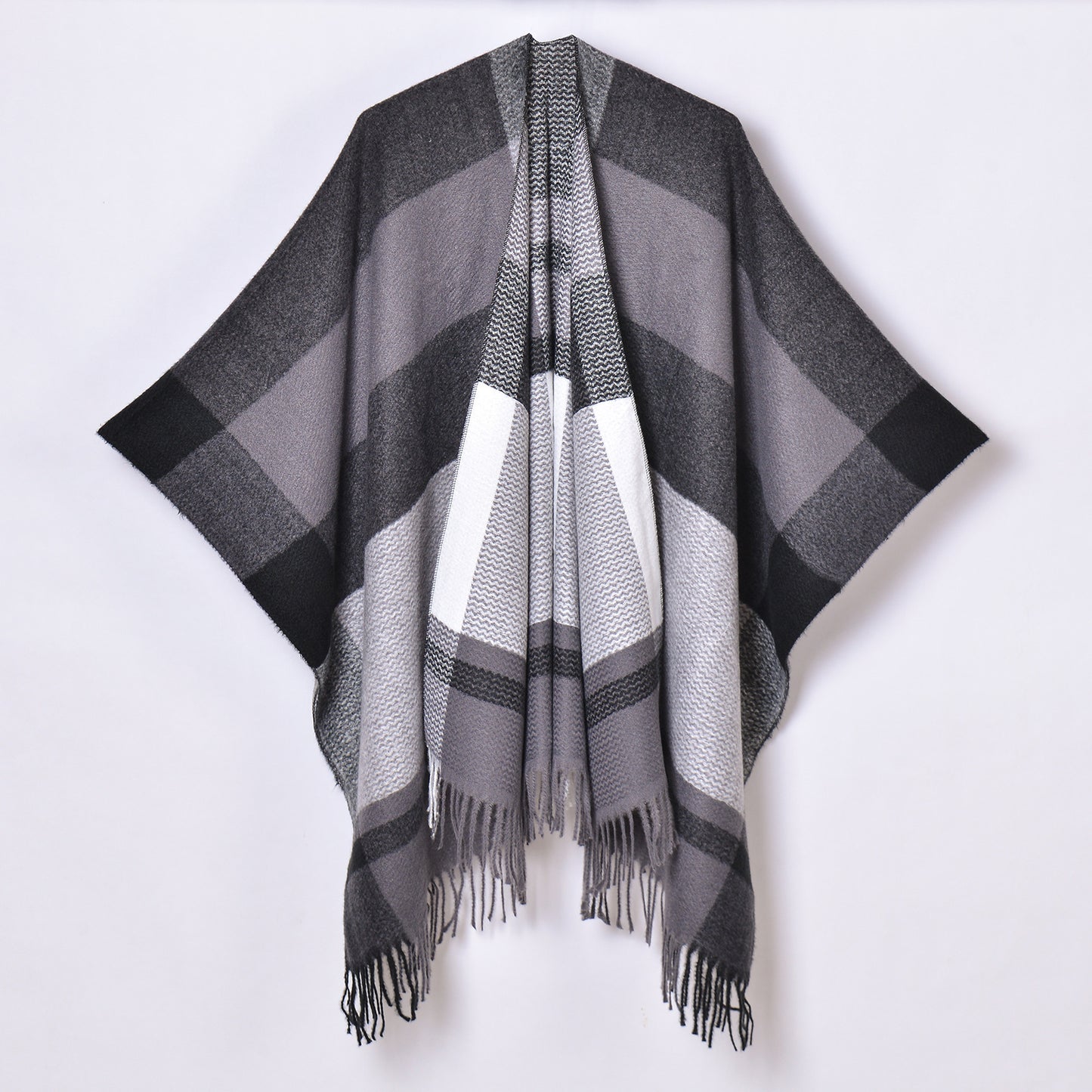 Tassel Split Shawl Simple Plaid Jacquard Scarf