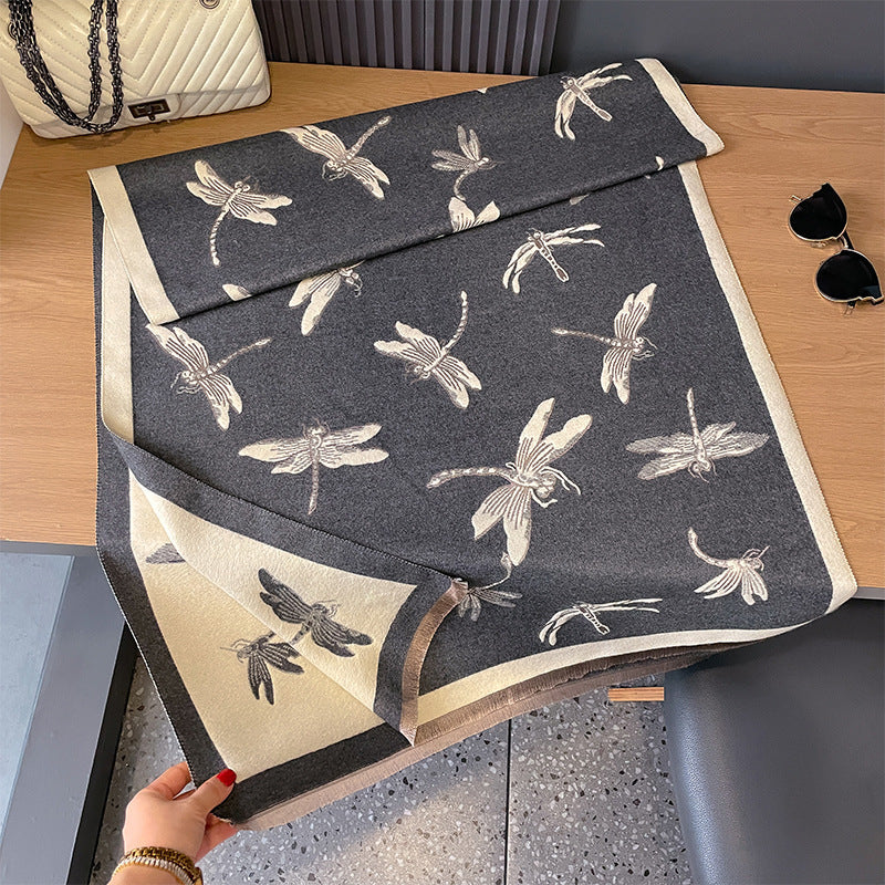 Artificial Cashmere Scarf Dragonfly Printed Soft Breathable High Sense Warm Shawl