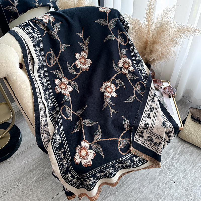 Retro National Style Texture Printed Double-sided Thermal Scarf Shawl Outer Match