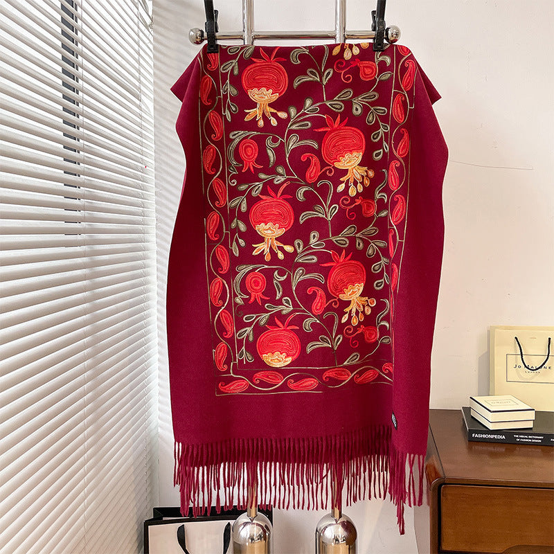 Contrast Color Pomegranate Leaf Embroidered Double-sided Shawl