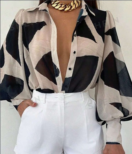 Women's Elegant Loose Geometric Print Lantern Sleeve Blouse, Spring & Summer