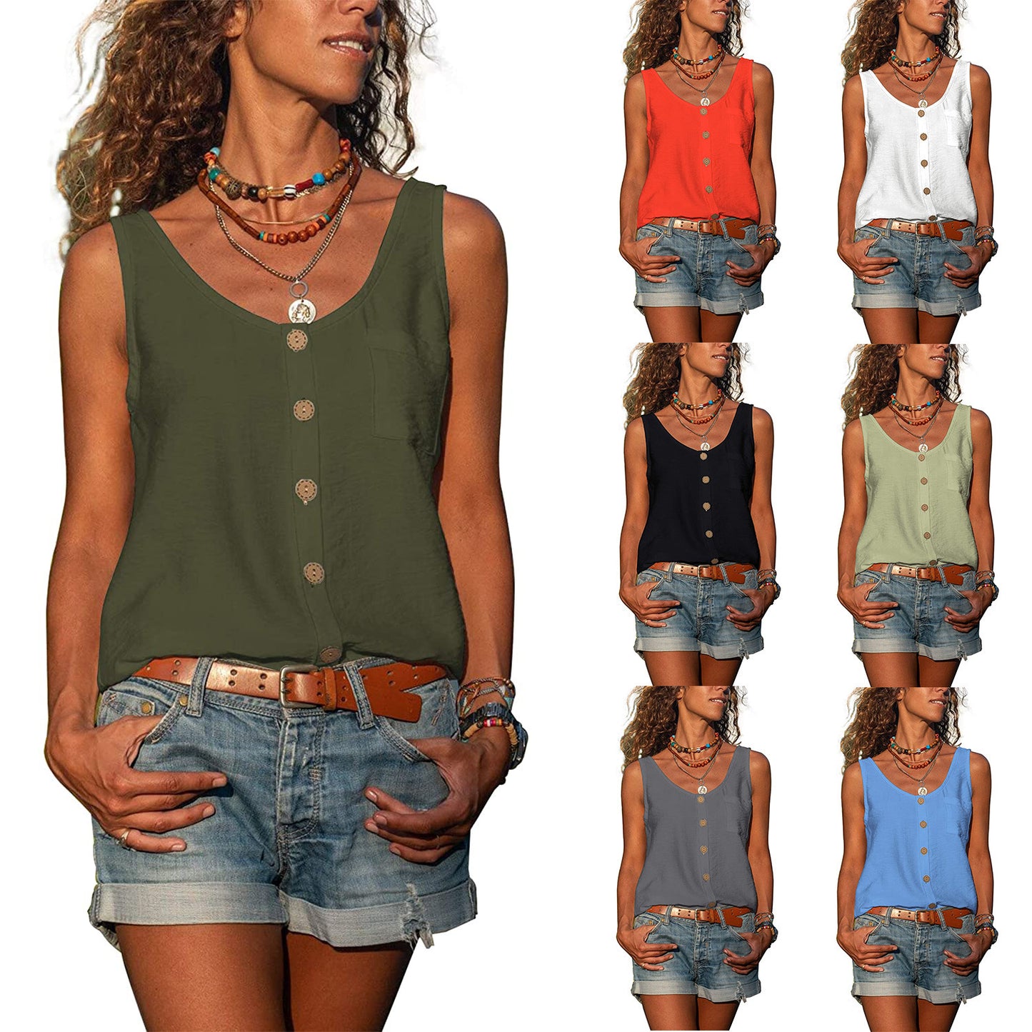 Summer Women's Solid Color And V-neck Button Vest Shirt